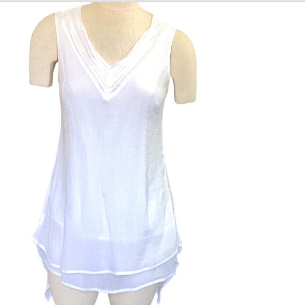 Cleo Petites V-Neck Sleeveless Layered Lined Gauze Tunic Top PS White 151H